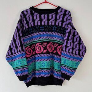 80s vintage colorful abstract swirl retro long sleeved grandpa knit sweater